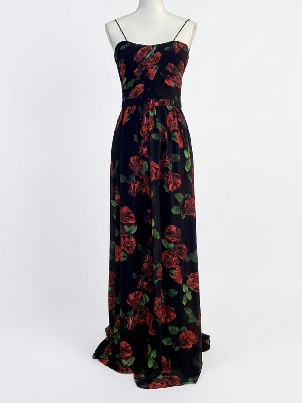ERIN Erin Fetherston Rose Floral Pleated Sweetheart Maxi Dress Black Red Size 6